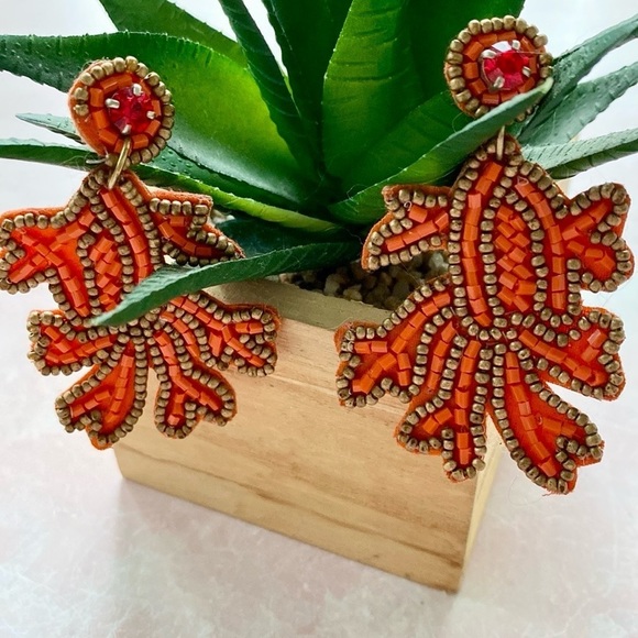 Orange Beaded Leaf Felt Earrings - Picture 2 of 8